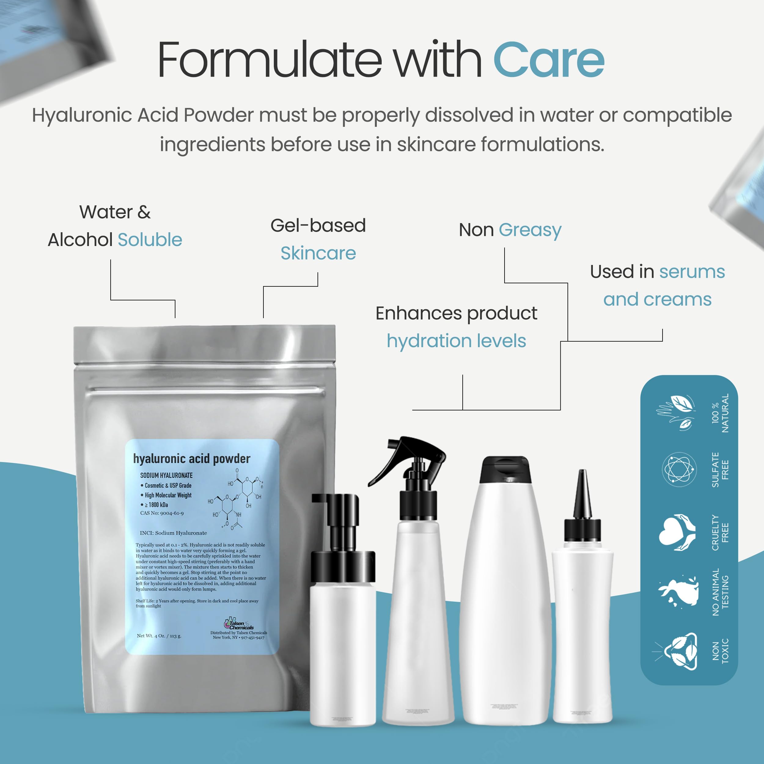 Product packaging showing Talsen Chemicals Hyaluronic Acid Powder label and cosmetic-grade quality.