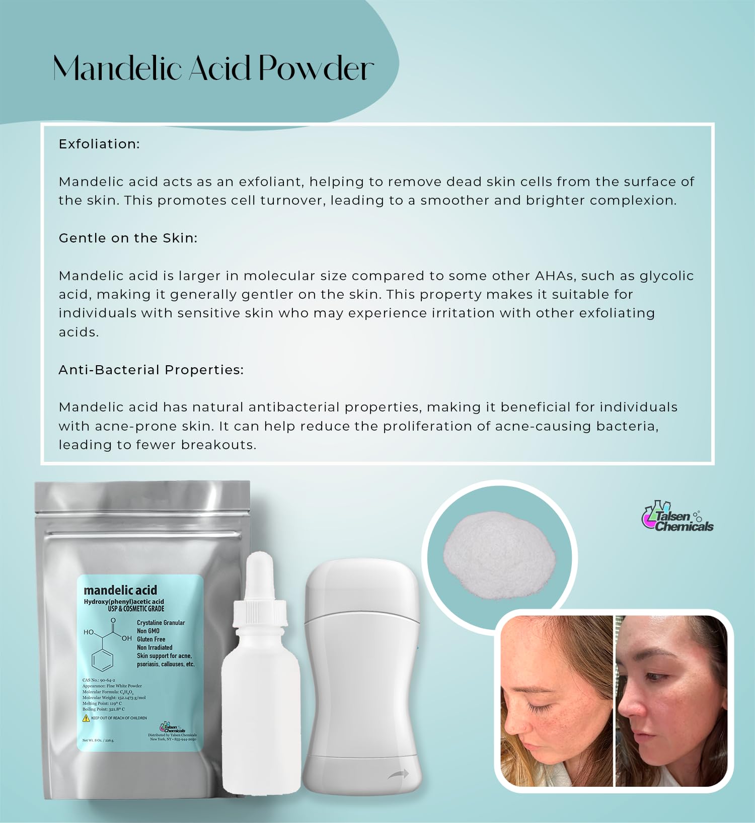 Talsen Mandelic Acid Powder packaging: secure, resealable container for storage.