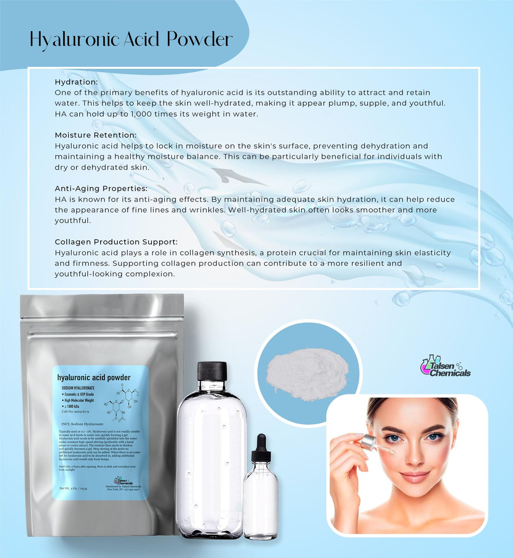 Close-up of Talsen Chemicals Hyaluronic Acid Powder texture highlighting high molecular weight moisture.