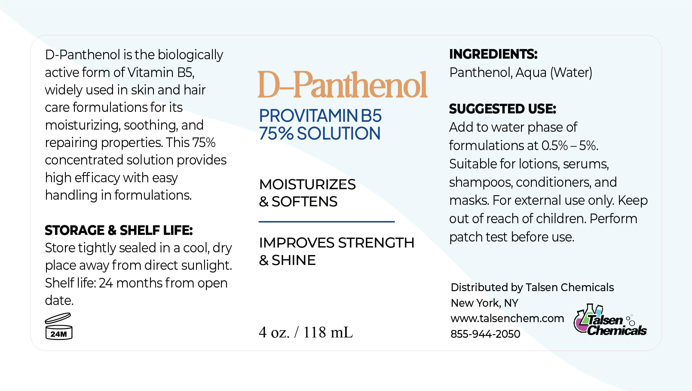 Talsen D-Panthenol 75% label close-up highlights cosmetic grade quality.