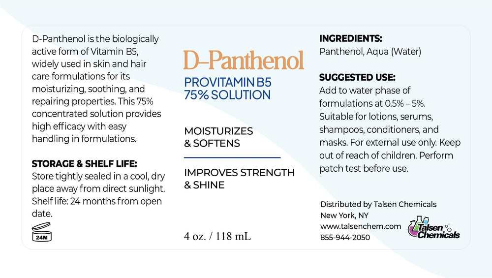 Talsen D-Panthenol 75% label close-up highlights cosmetic grade quality.