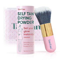 Tan Fan self-tan drying powder bottle: transfer-free, streak-free results.