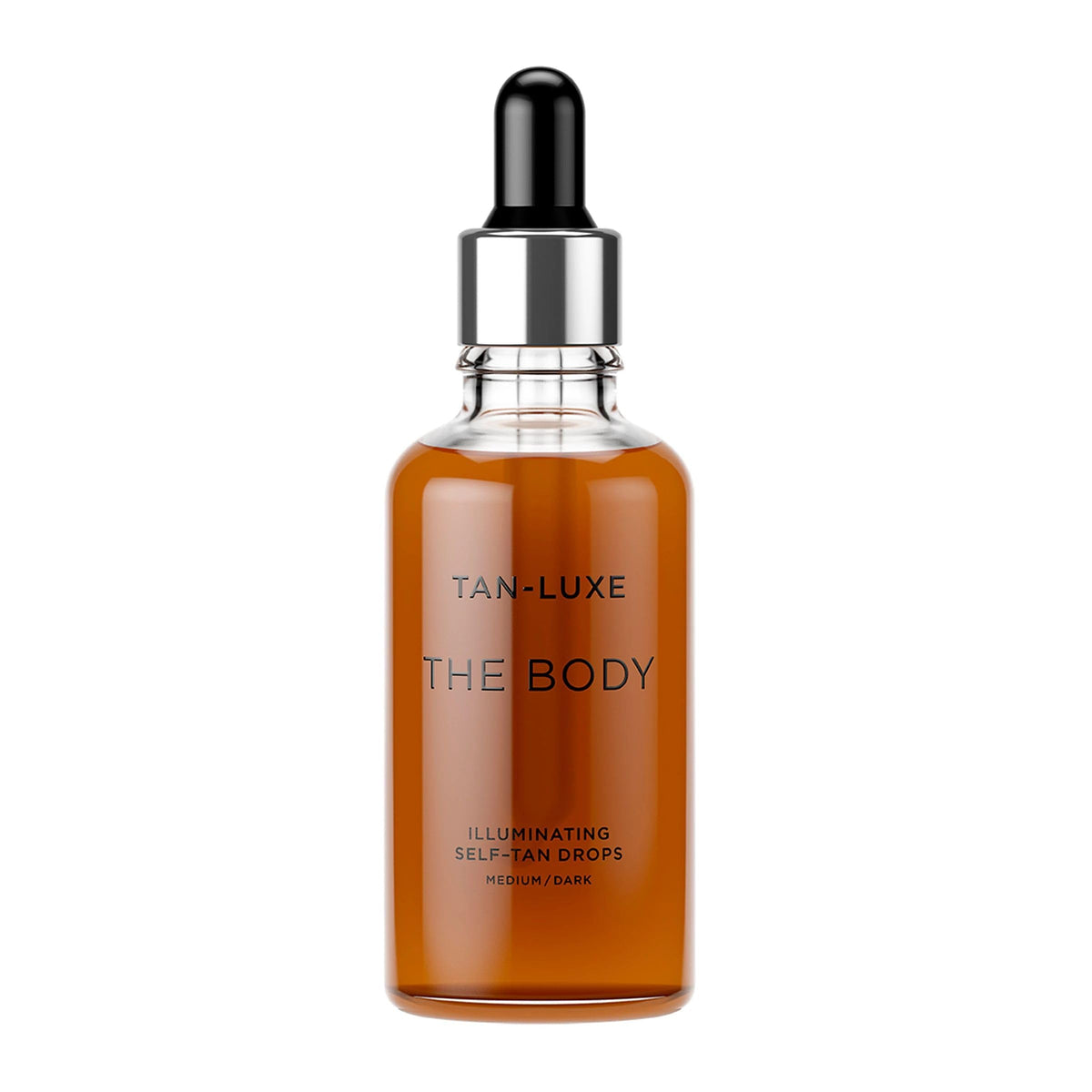 Tan-Luxe The Body bottle showing illuminating drops for a radiant self-tan.