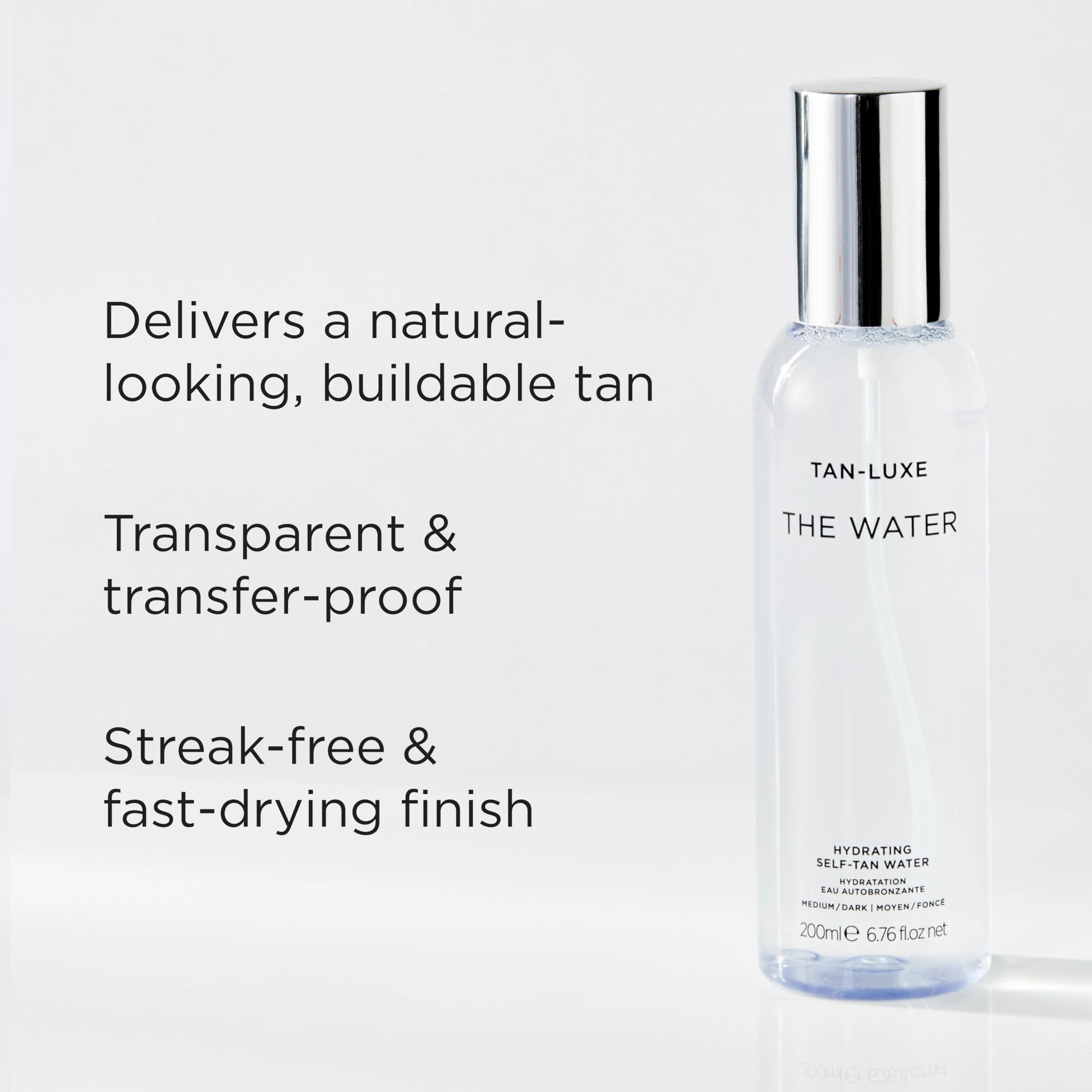 Tan-Luxe Express Water ultra-fine mist delivering a natural glow