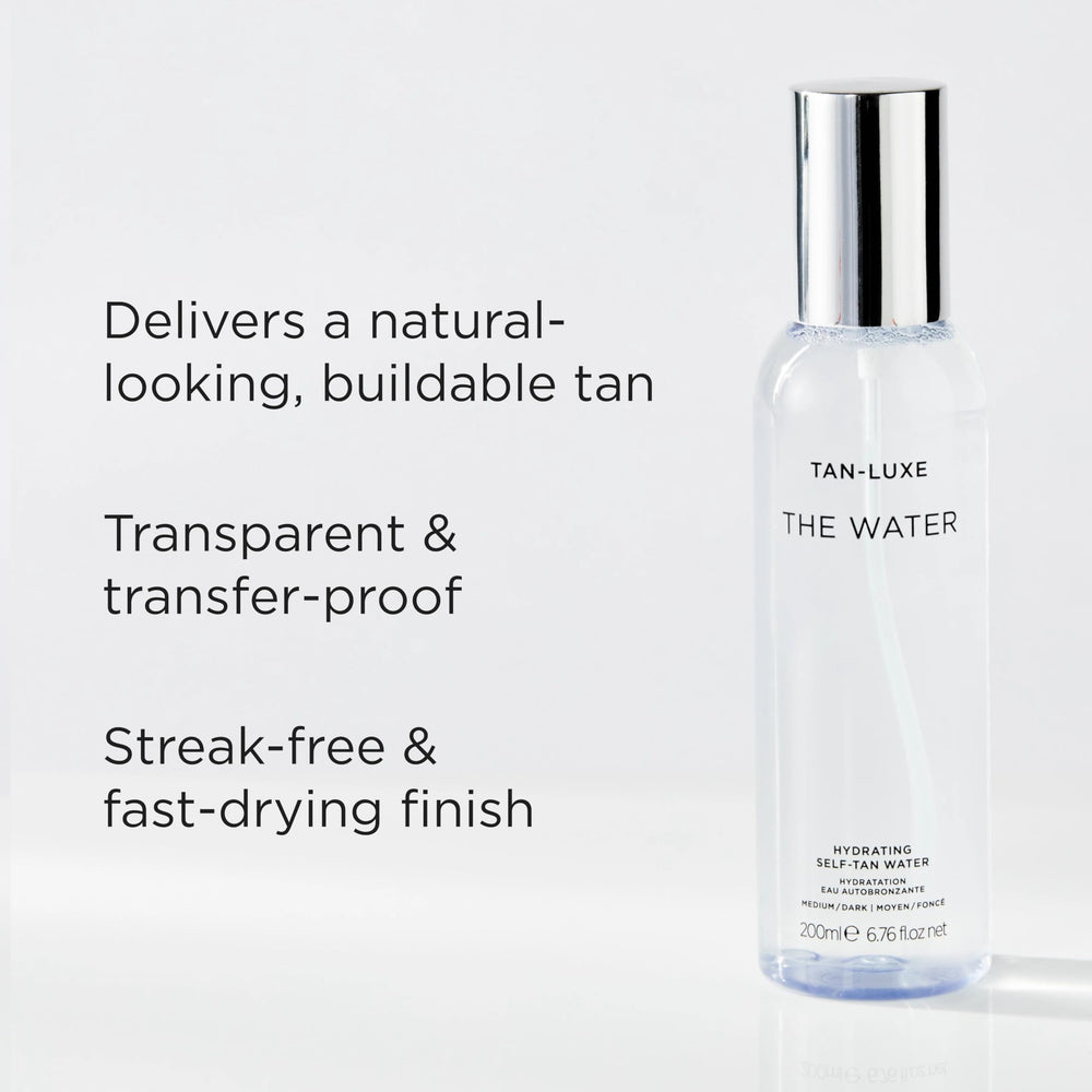 Tan-Luxe Express Water ultra-fine mist delivering a natural glow