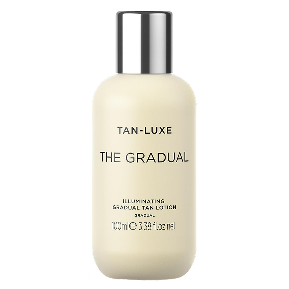 Tan-Luxe Gradual bottle closeup highlights a hydrating glow