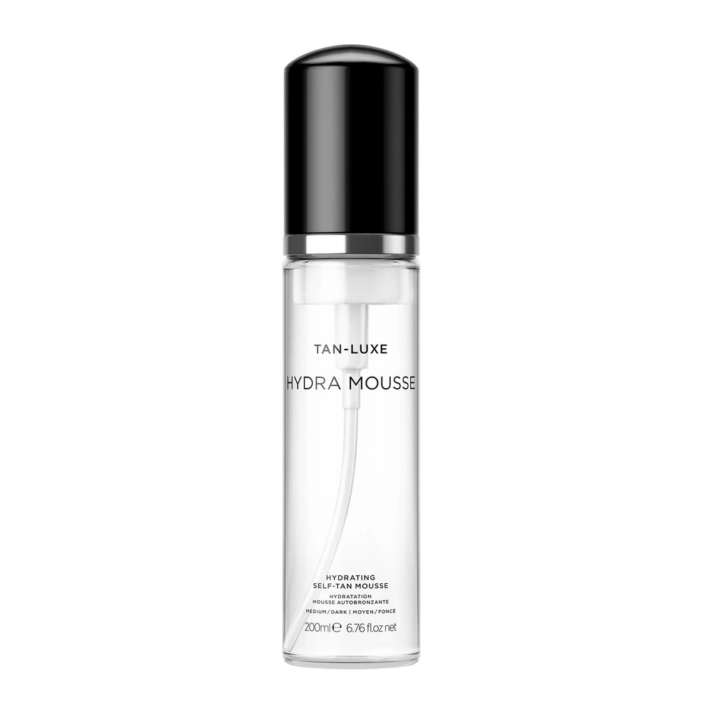 Tan-Luxe Hydra Mousse bottle showcases a clean transfer-free tan.