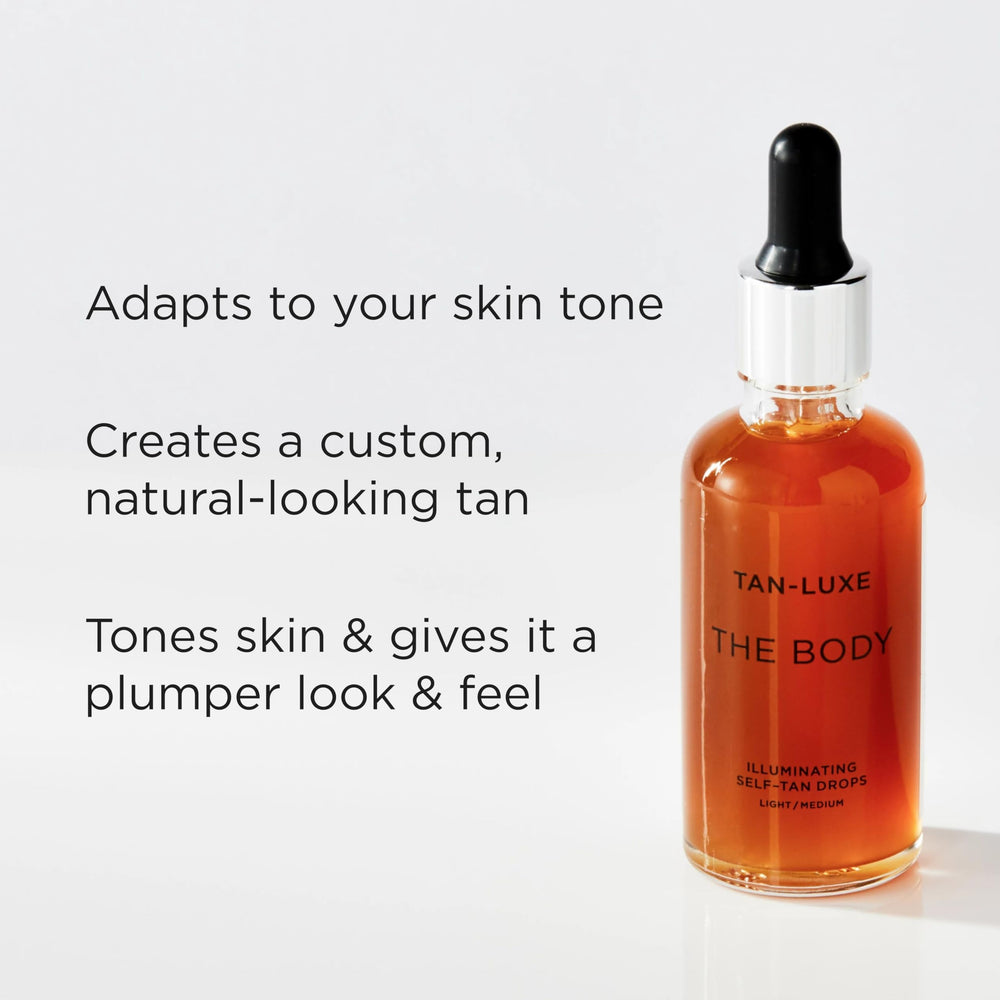Tan-Luxe The Body Illuminating Self-Tan Drops dropper dispensing into lotion for buildable glow.