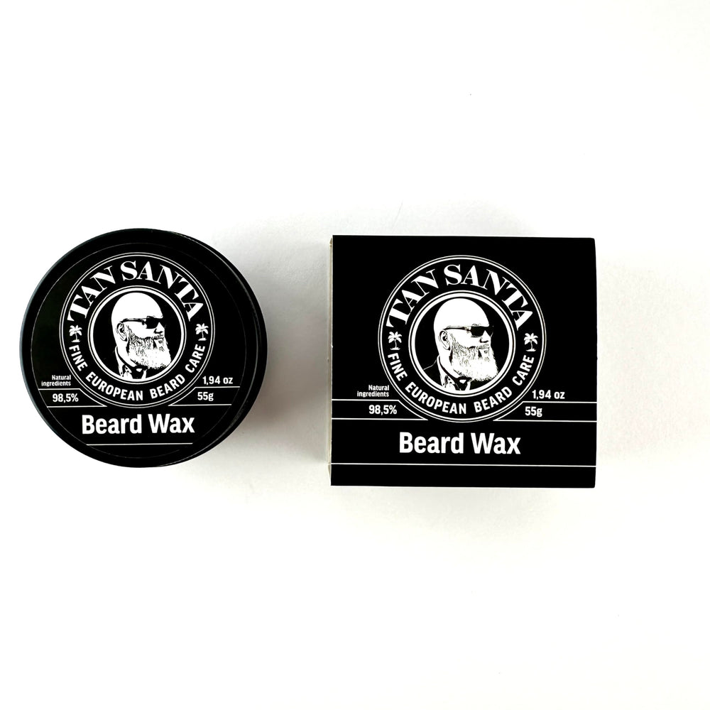 Tan Santa beard wax packaging on shelf for premium grooming.