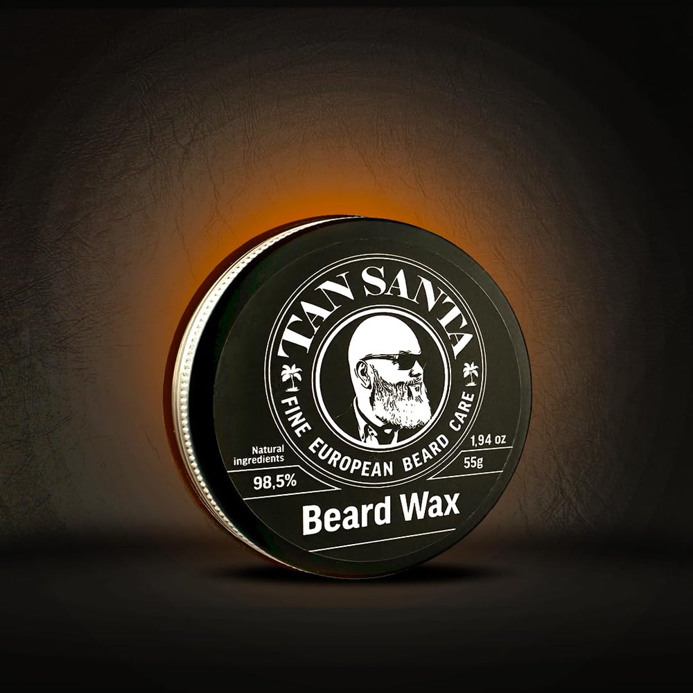 Tan Santa bergamot oil bottle highlights natural fragrance for grooming.