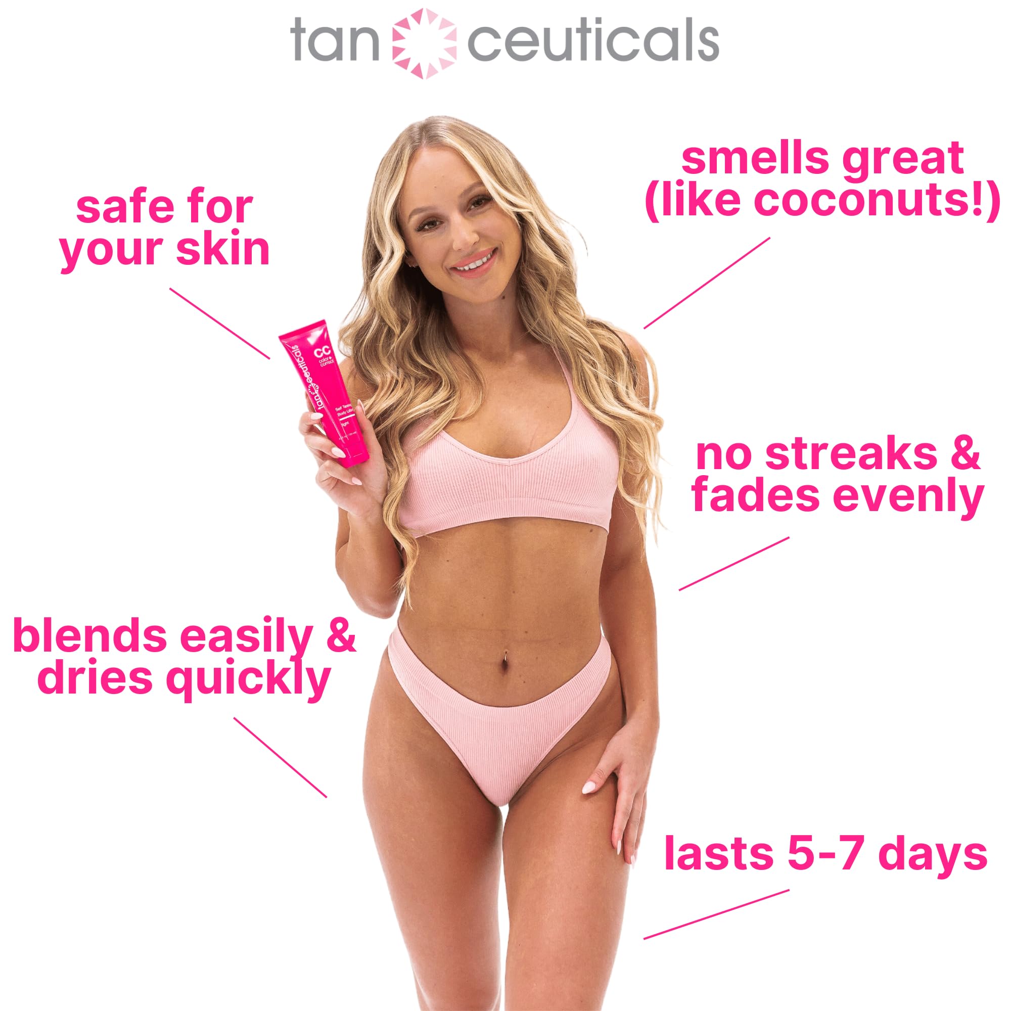 Tanceuticals Self Tanning Body Lotion Light packaging highlighting USA-made and cruelty-free
