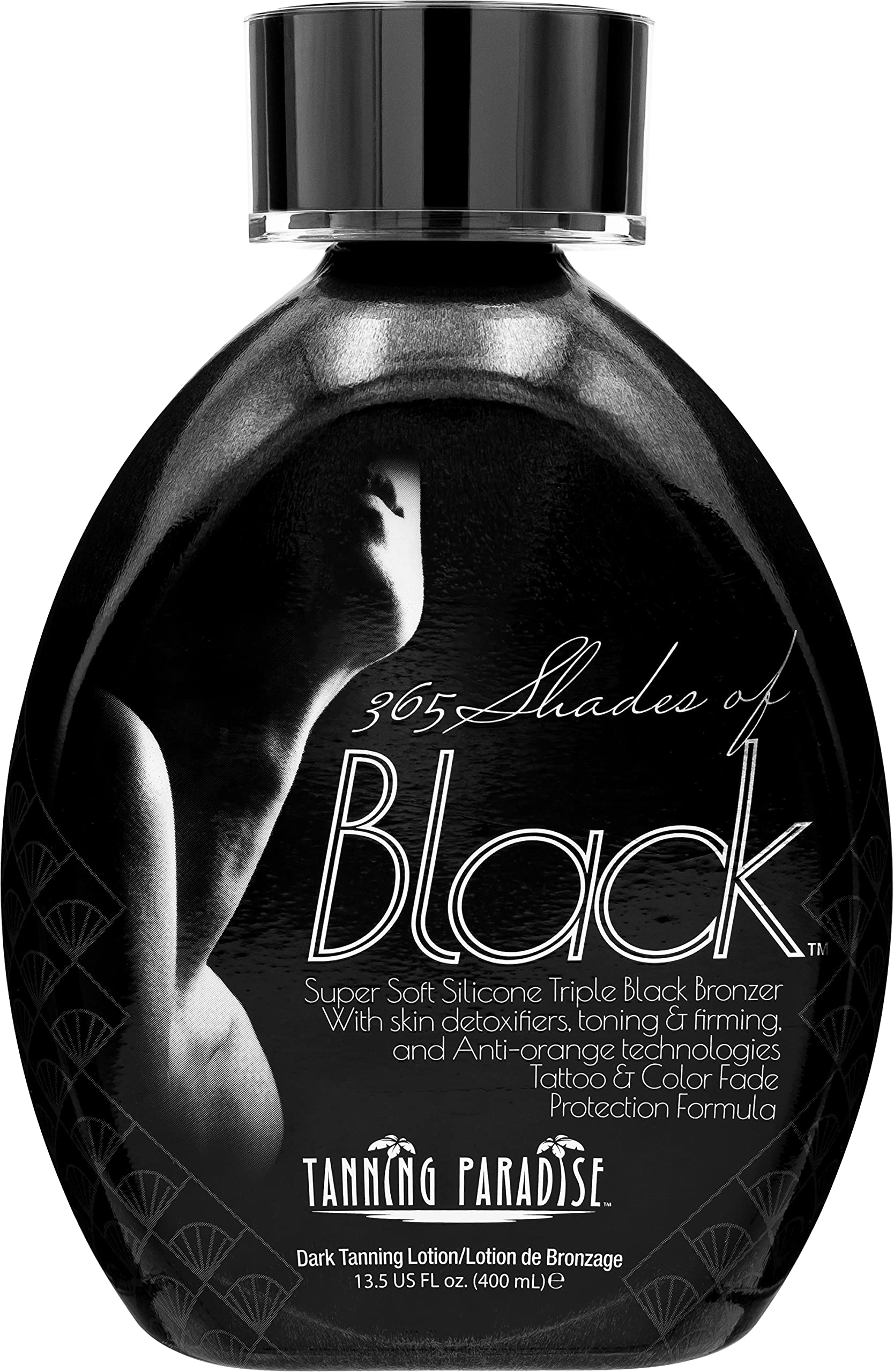 Tanning Paradise bottle showing 365 Shades of Black for deep natural bronze.