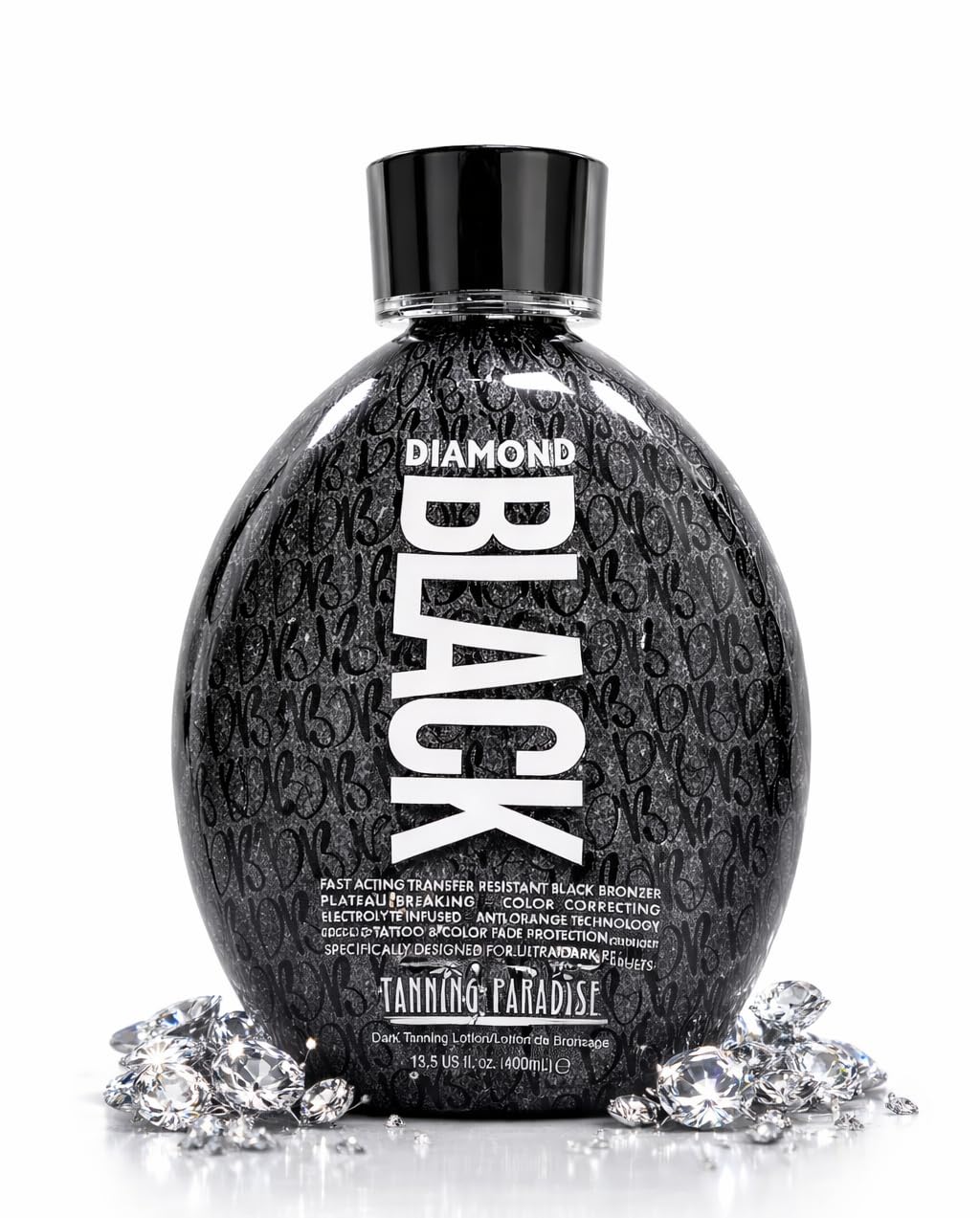 Tanning Paradise Diamond Black Lotion packaging highlighting premium transfer-resistant formula.