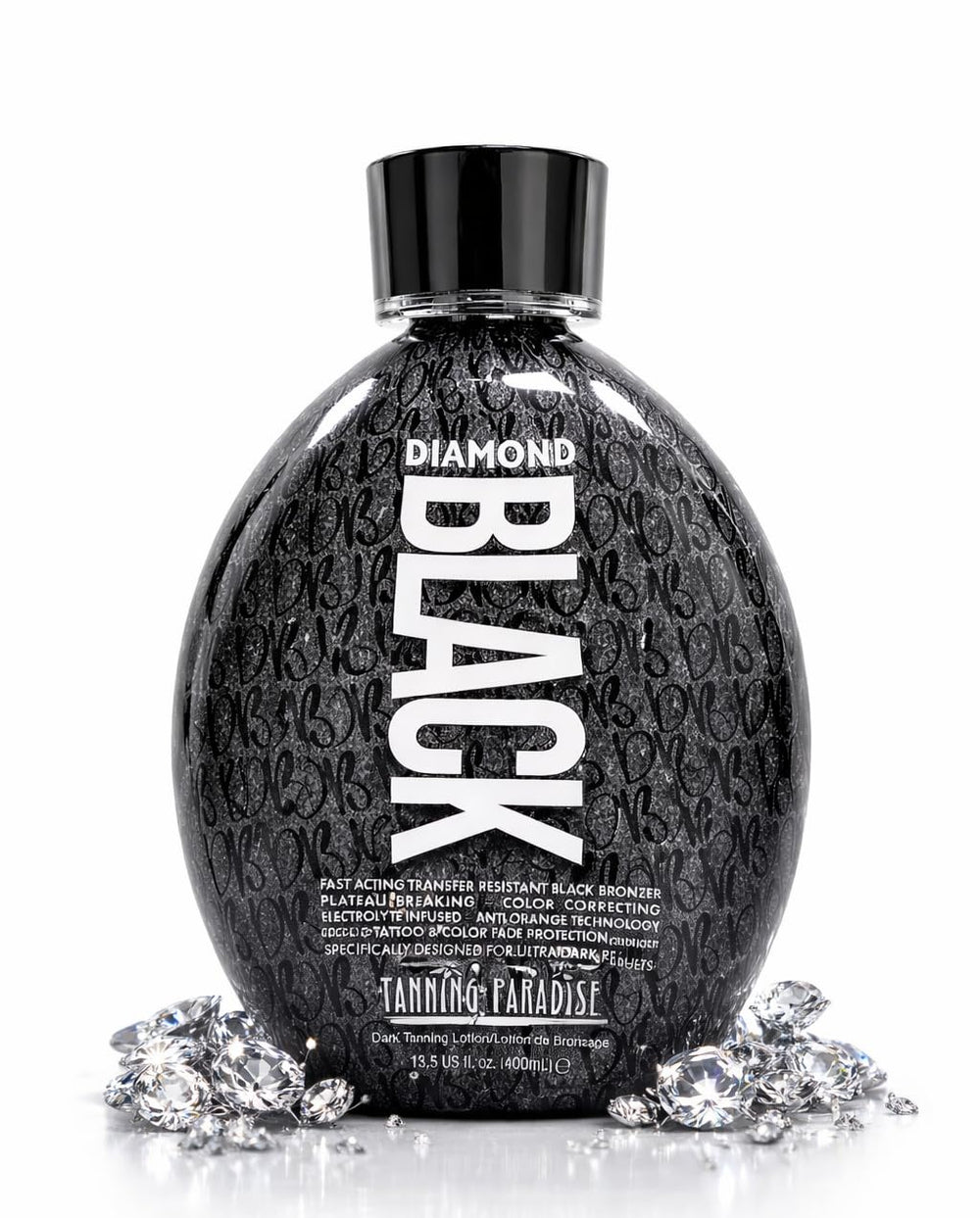 Tanning Paradise Diamond Black Lotion packaging highlighting premium transfer-resistant formula.