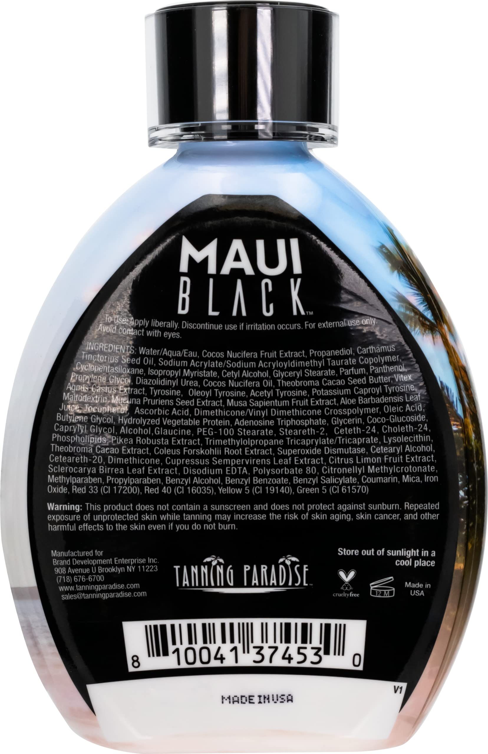 Maui Black tanning lotion with coconut oil nourishes and softens skin