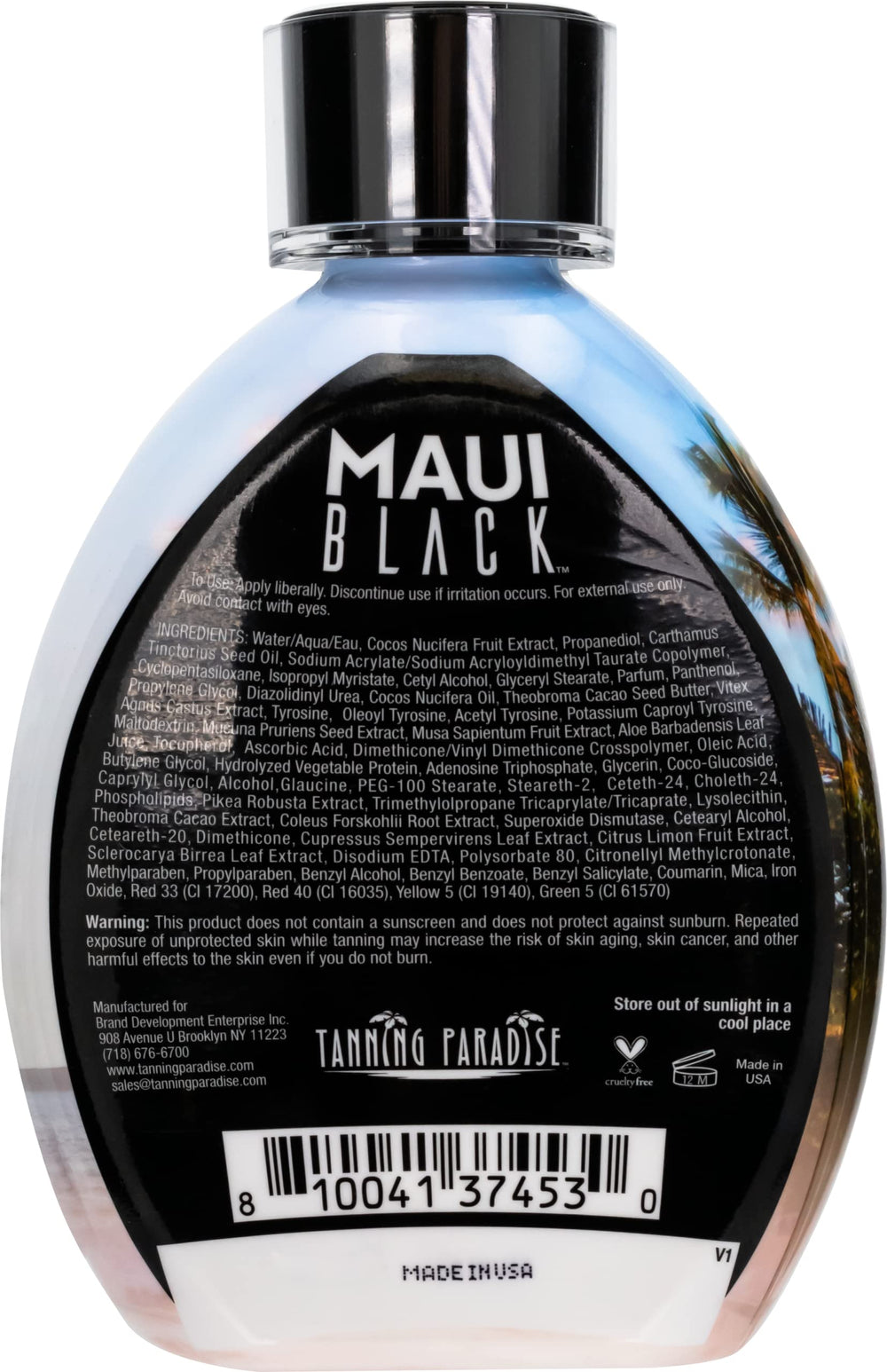 Maui Black tanning lotion with coconut oil nourishes and softens skin