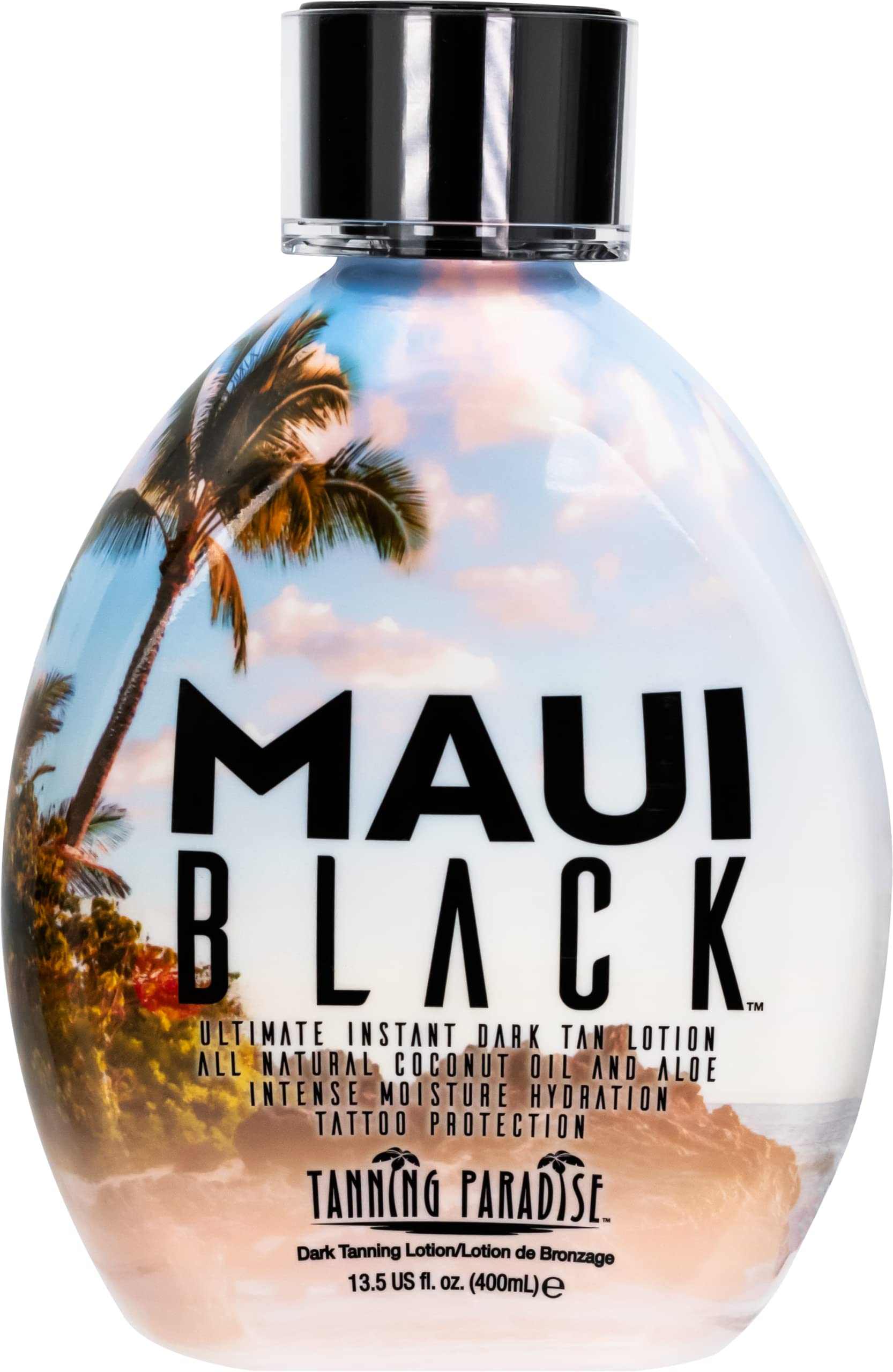 Tanning Paradise Maui Black lotion delivering instant dark bronze glow on skin