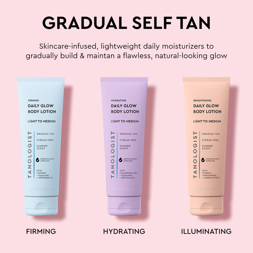 Before and after glow comparison showing buildable color with Tanologist lotion