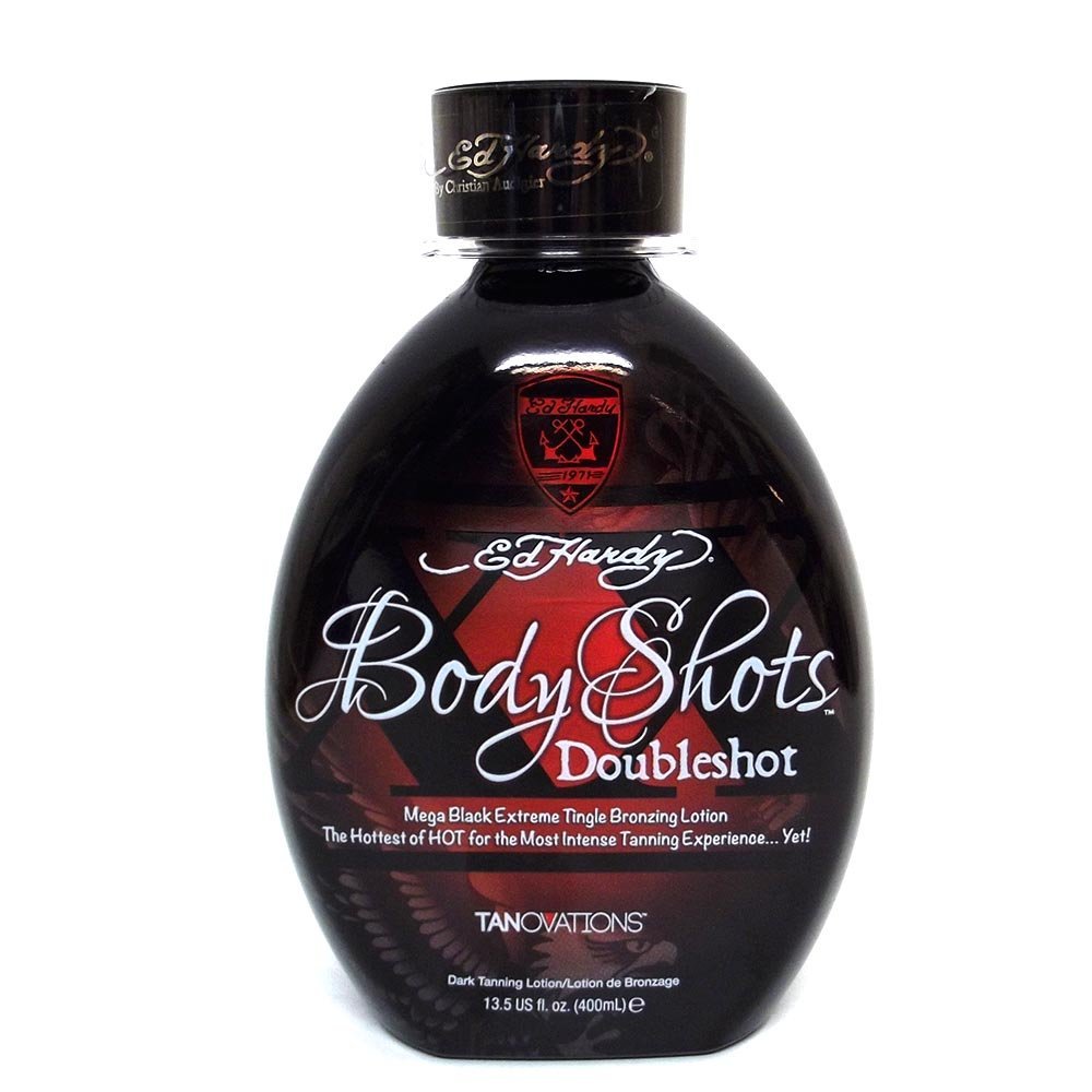 Tanovations Ed Hardy Body Shots Double Shot delivers bold tingle for an intense tanning session.