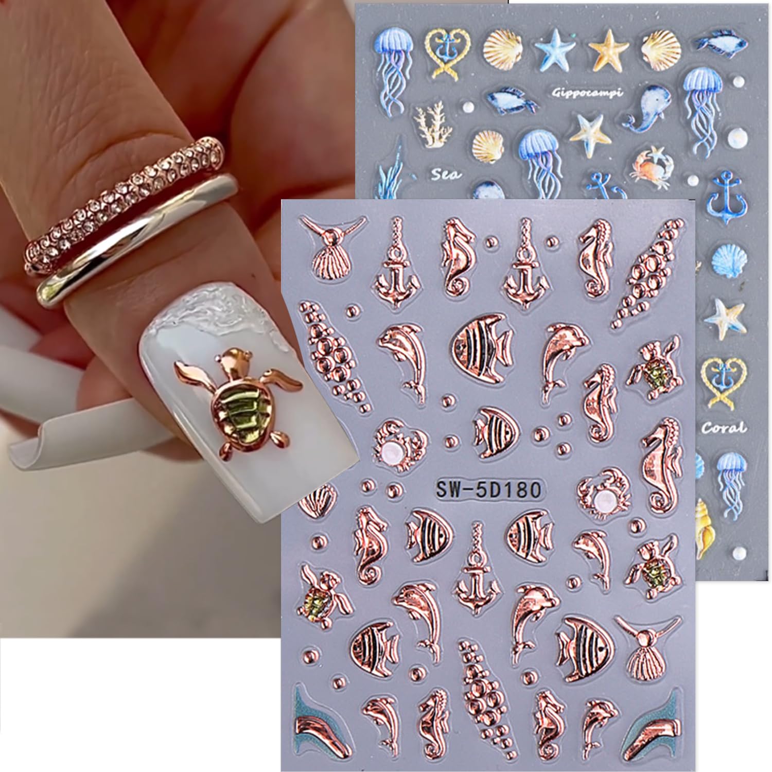 TANYOOTO summer ocean nail stickers with fish and seashells for chic, quick DIY nails.