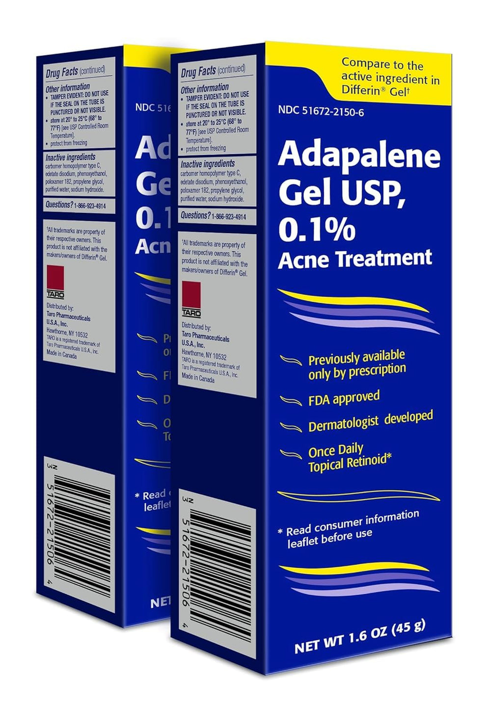 TARO Adapalene Gel 0.1% tube, acne treatment for sensitive skin.