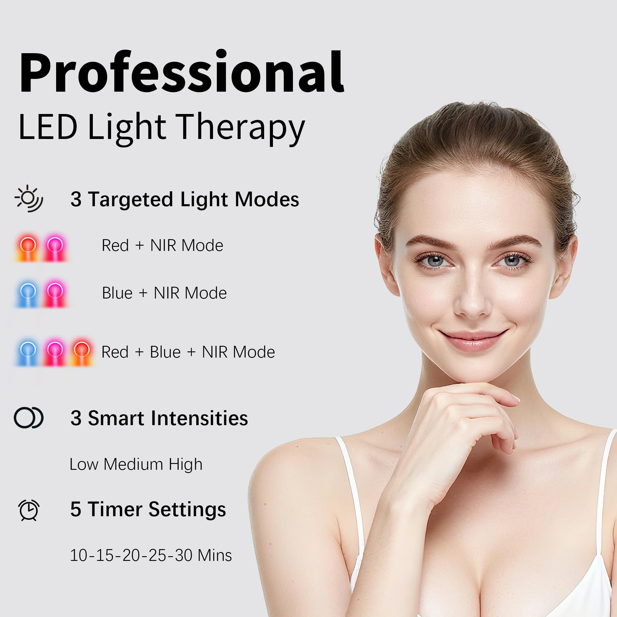 TASNEEM blue-light acne mode targets mild to moderate breakouts.