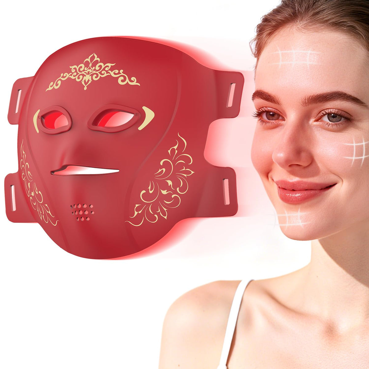 TASNEEM red-light mask with 312 LEDs covers the full face for balanced light therapy.