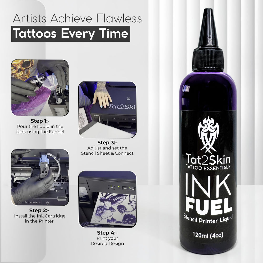 Tat2Skin InkFuel 8oz ink bottle for extended stencil work.