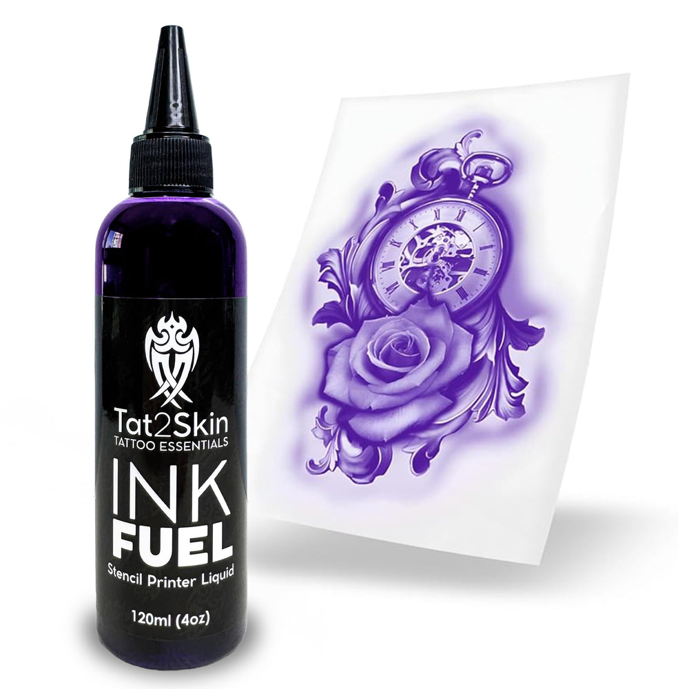Tat2Skin InkFuel stencil ink bottle delivers sharp, long-lasting stencil designs for ecoTank printers.