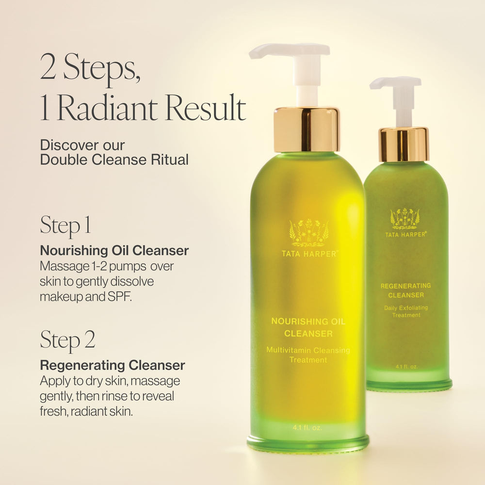Tata Harper Nourishing Oil Cleanser bottle on vanity under natural light