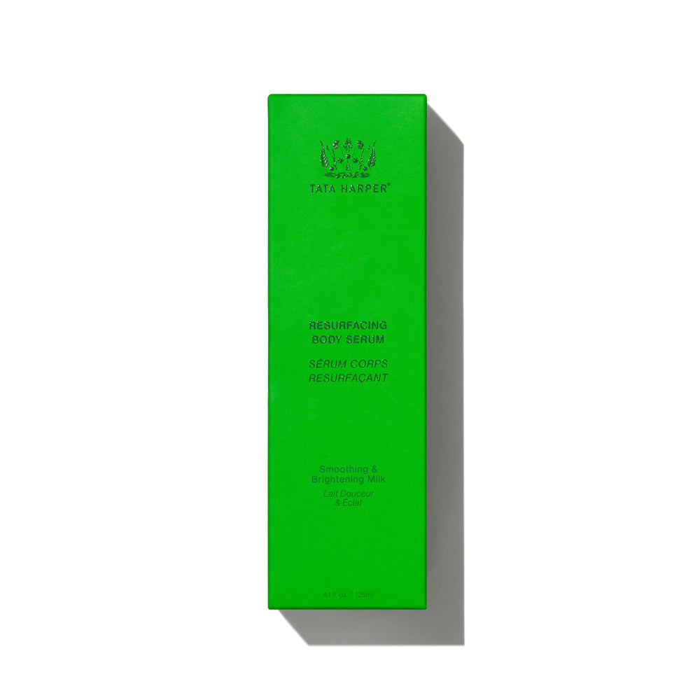 Tata Harper Resurfacing Body Serum bottle back label communicates natural skincare ethos.