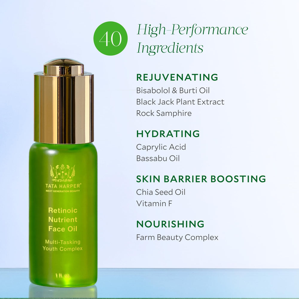 Tata Harper Retinoic Nutrient Face Oil texture close-up showing silky finish