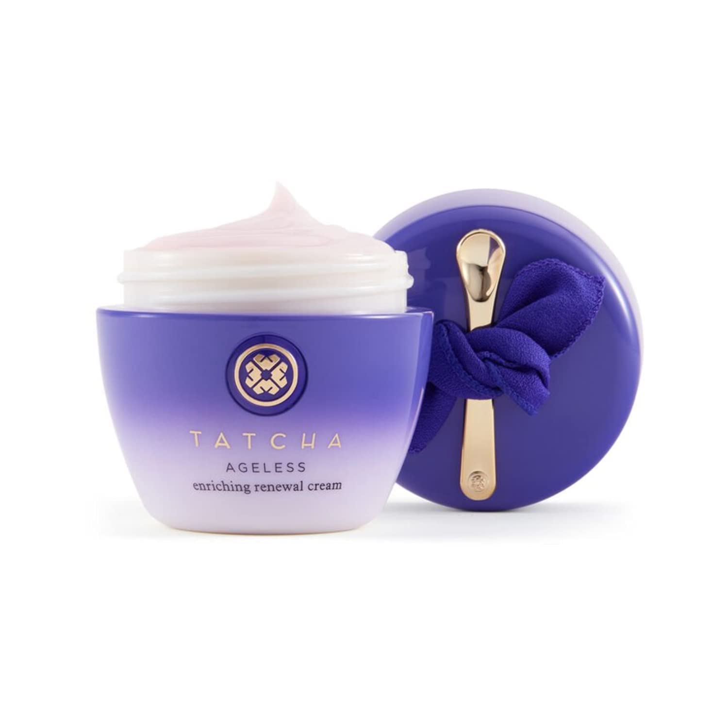 TATCHA Ageless Enriching Renewal Cream daily routine scene suggests night skincare ritual.