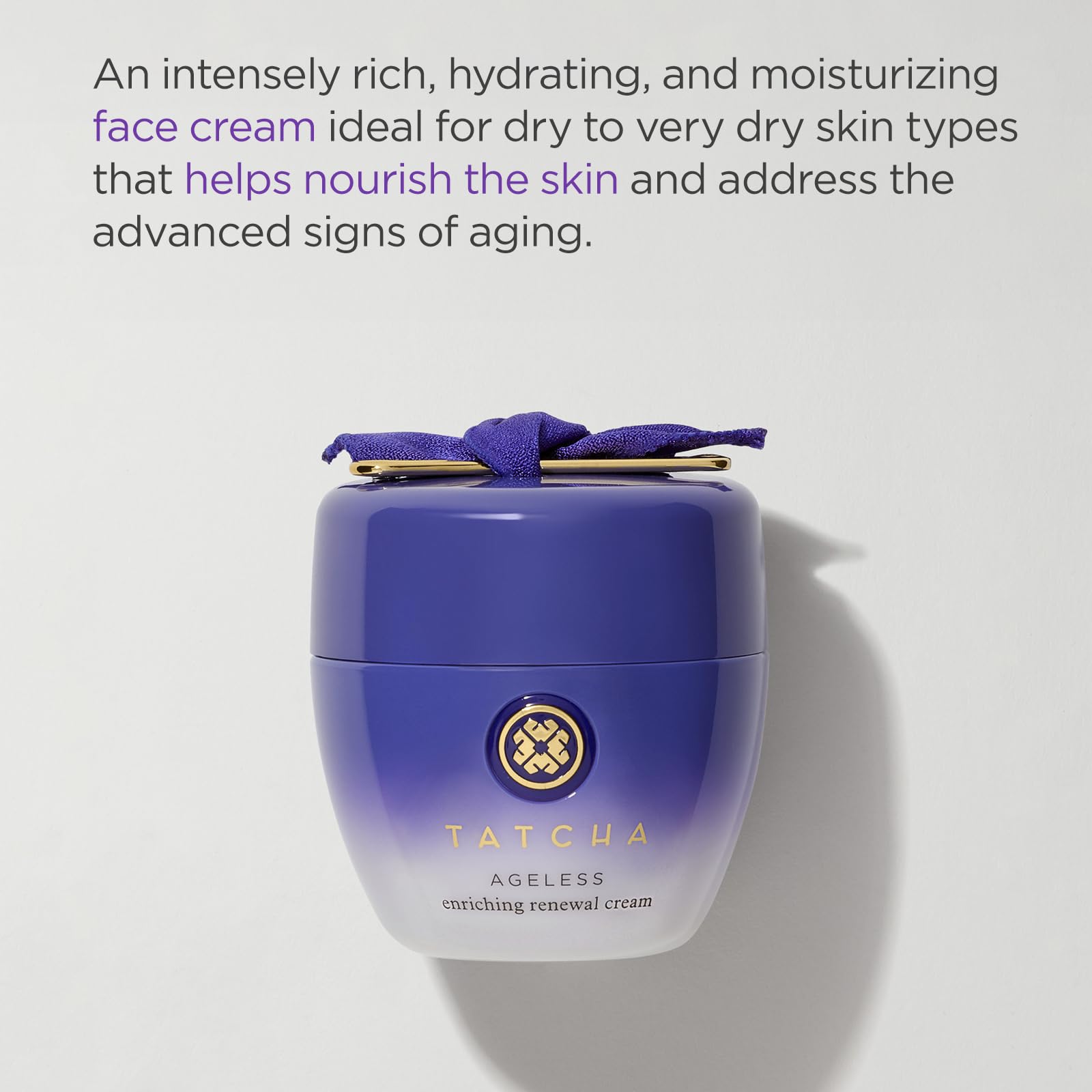 TATCHA Ageless Enriching Renewal Cream texture close-up highlights creamy, luxurious moisture.