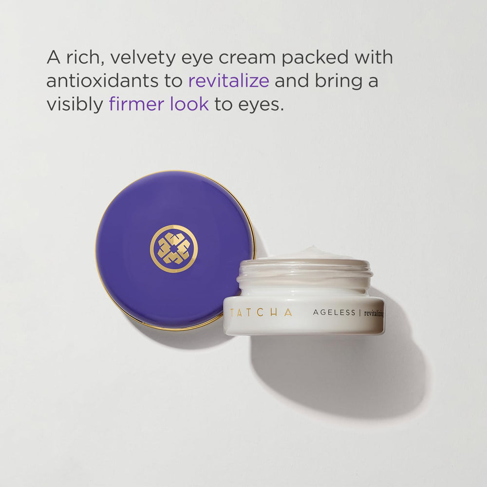 TATCHA eye cream on fingertip reveals luxurious texture and under-eye moisture.