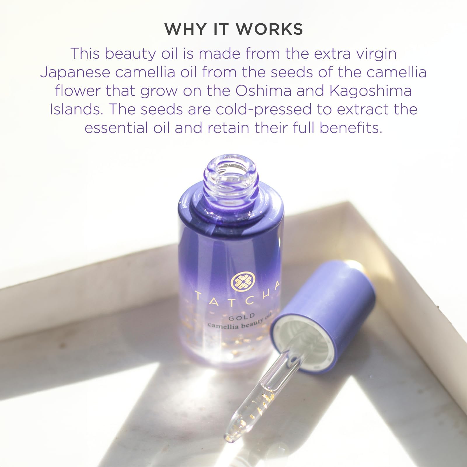 TATCHA Gold Camellia Beauty Oil with gold flakes highlighting luxurious radiance.