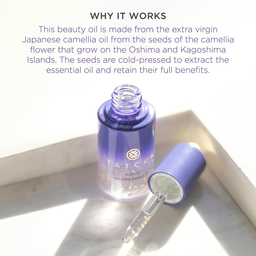 TATCHA Gold Camellia Beauty Oil with gold flakes highlighting luxurious radiance.