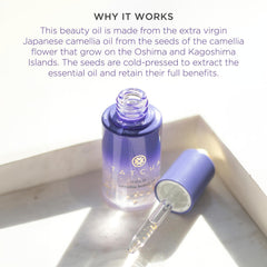 TATCHA Gold Camellia Beauty Oil with gold flakes highlighting luxurious radiance.