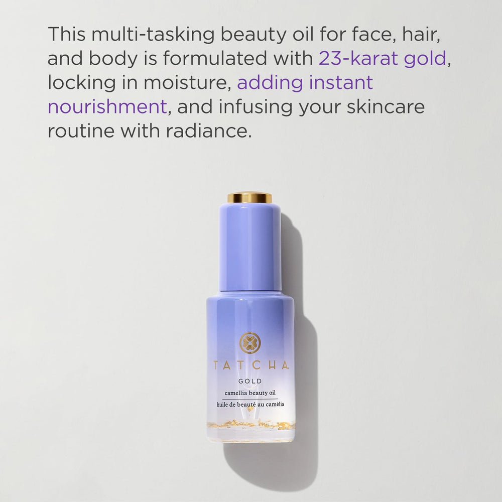 TATCHA Gold Camellia Beauty Oil on skin shows instant nourishment and a dewy finish.