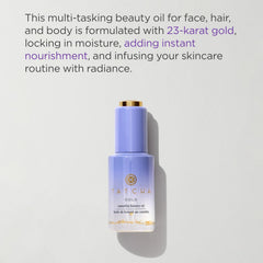 TATCHA Gold Camellia Beauty Oil on skin shows instant nourishment and a dewy finish.