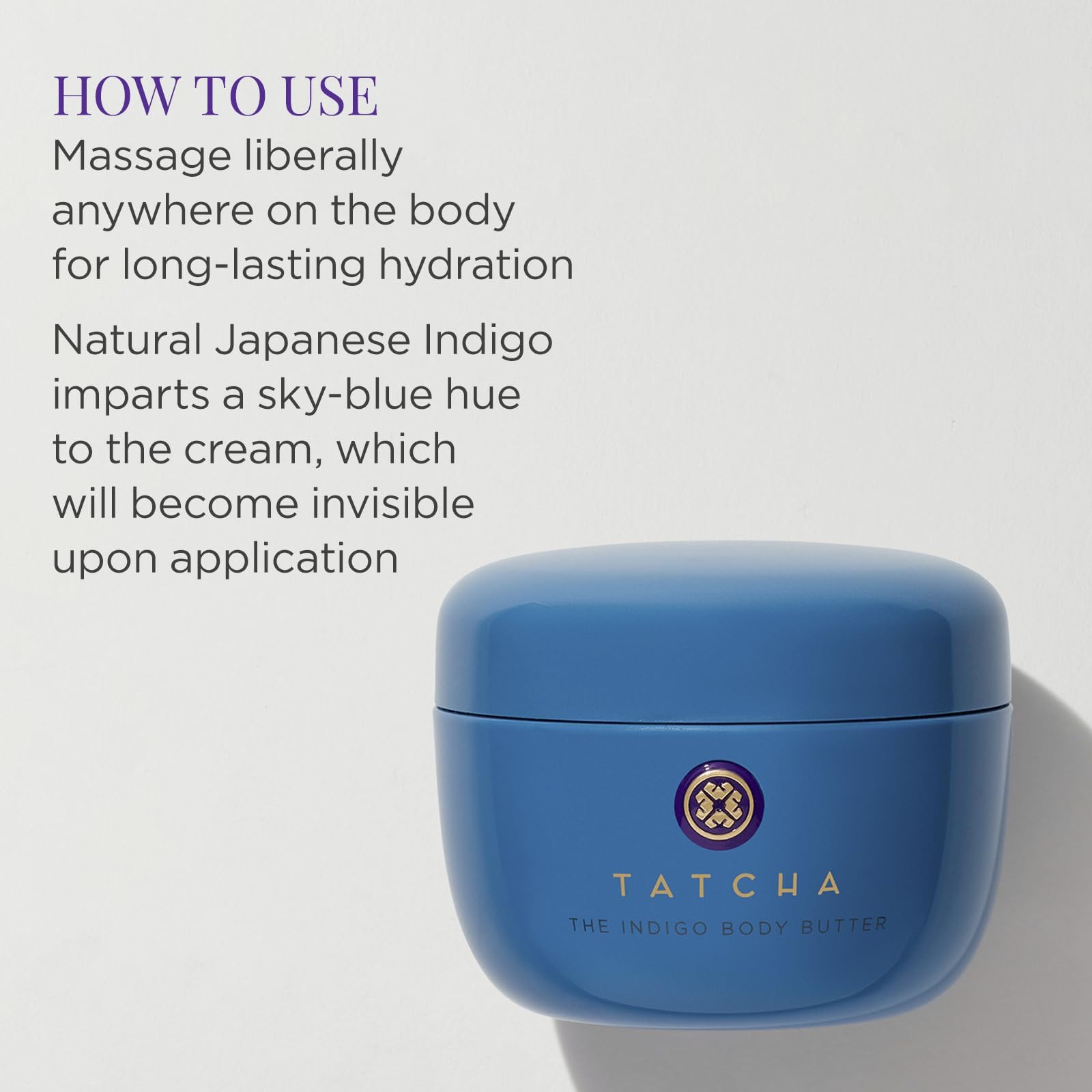 TATCHA Indigo Body Butter being applied to hands for hydration.