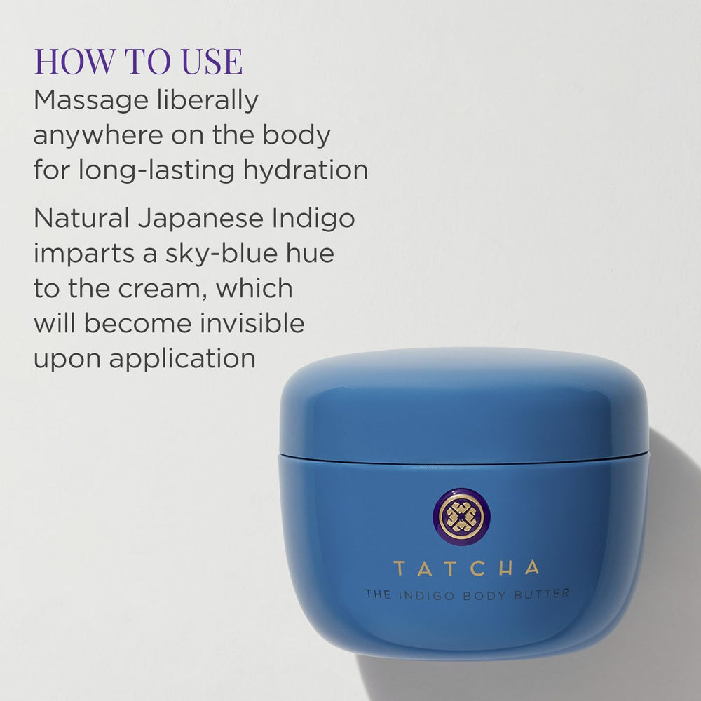TATCHA Indigo Body Butter being applied to hands for hydration.