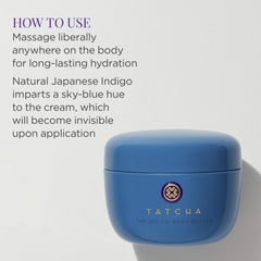 TATCHA Indigo Body Butter being applied to hands for hydration.