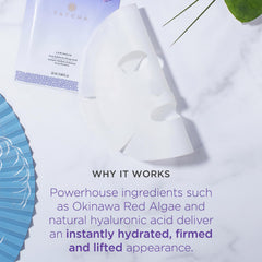 Close-up of serum droplets with TATCHA mask, emphasizing rapid moisture delivery.
