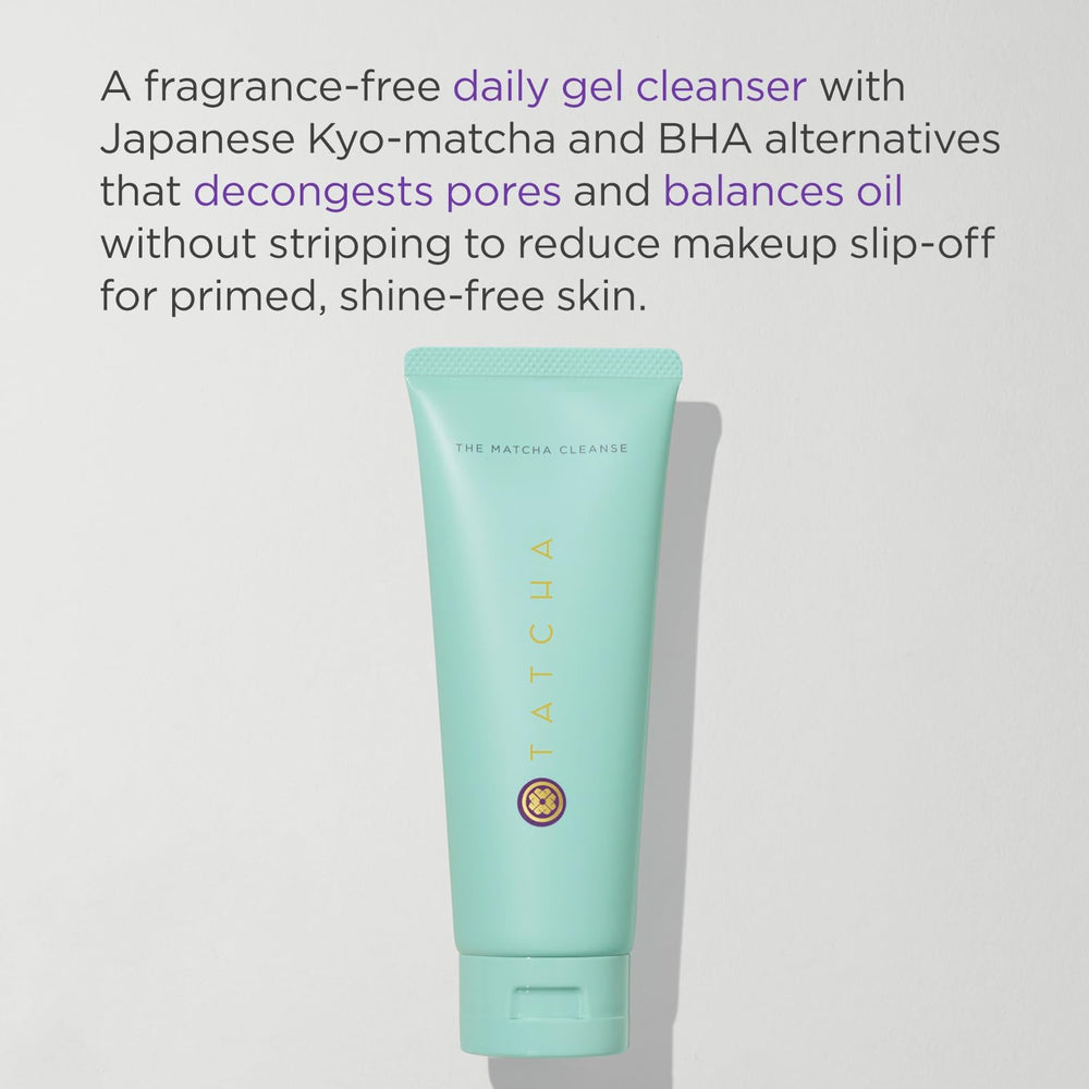 Close-up of Tatcha Matcha Cleanse bottle, showing foaming action for a refreshed cleanse.