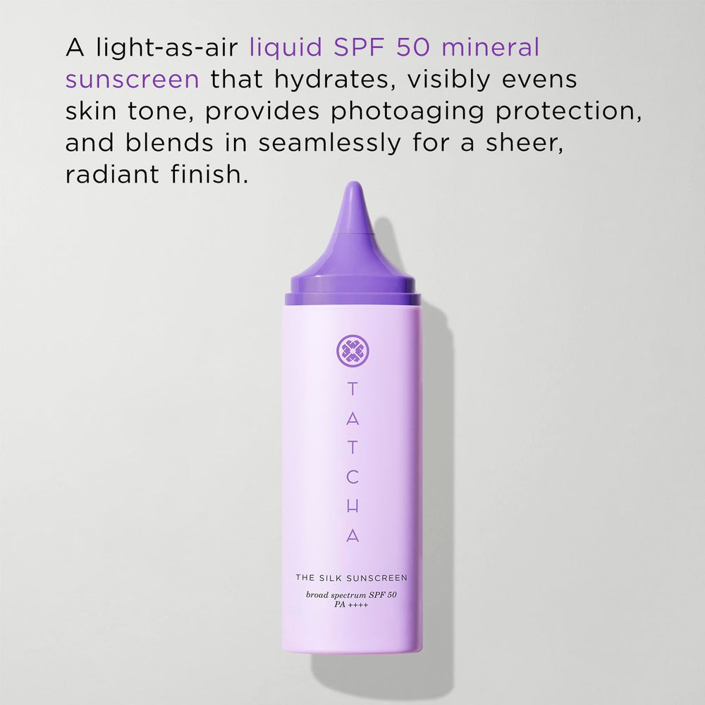 Application of the sheer mineral shield from Tatcha Silk Sunscreen.