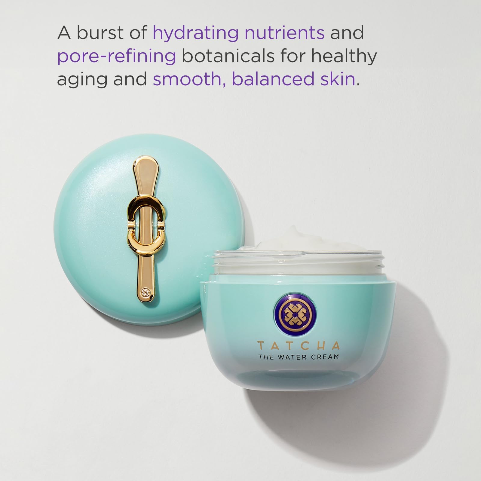 Tatcha Water Cream jar close-up highlighting lightweight hydration.