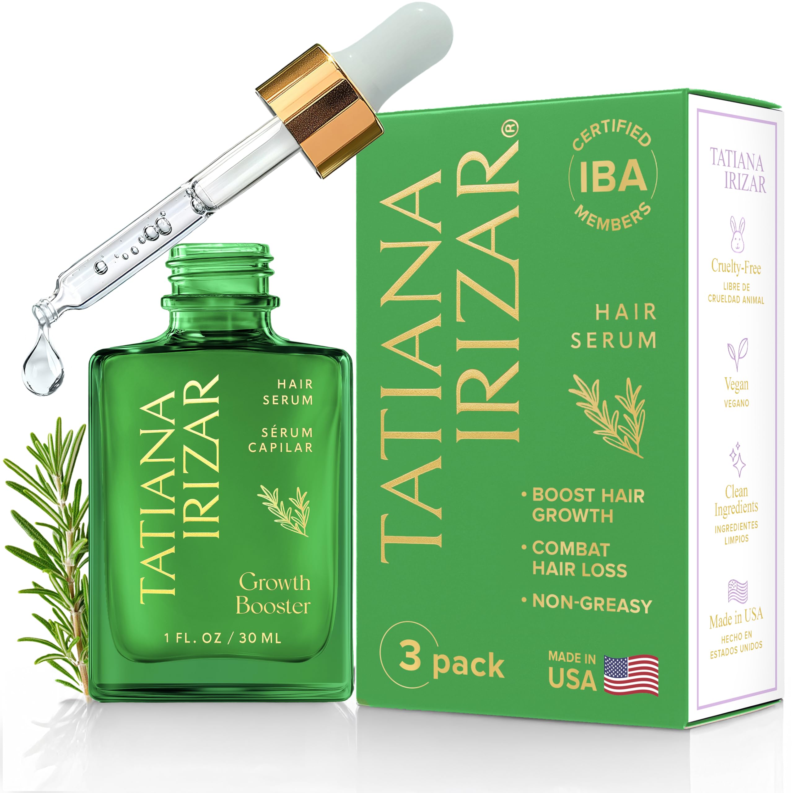 Tatiana Irizar hair growth serum bottle front, USA-made formula for healthier-looking hair.
