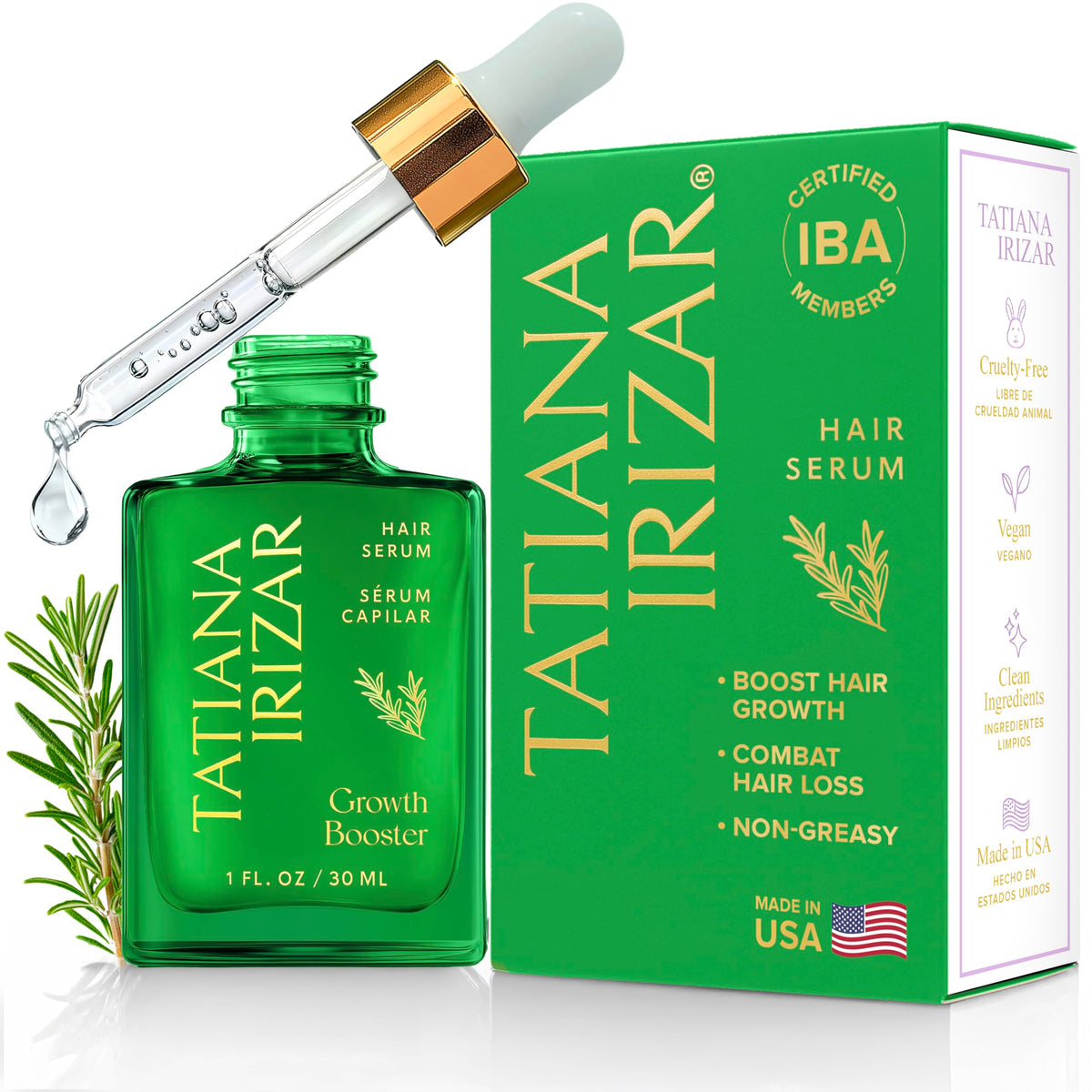 Tatiana Irizar Hair Serum bottle with dropper for precise scalp application and nourishing results.