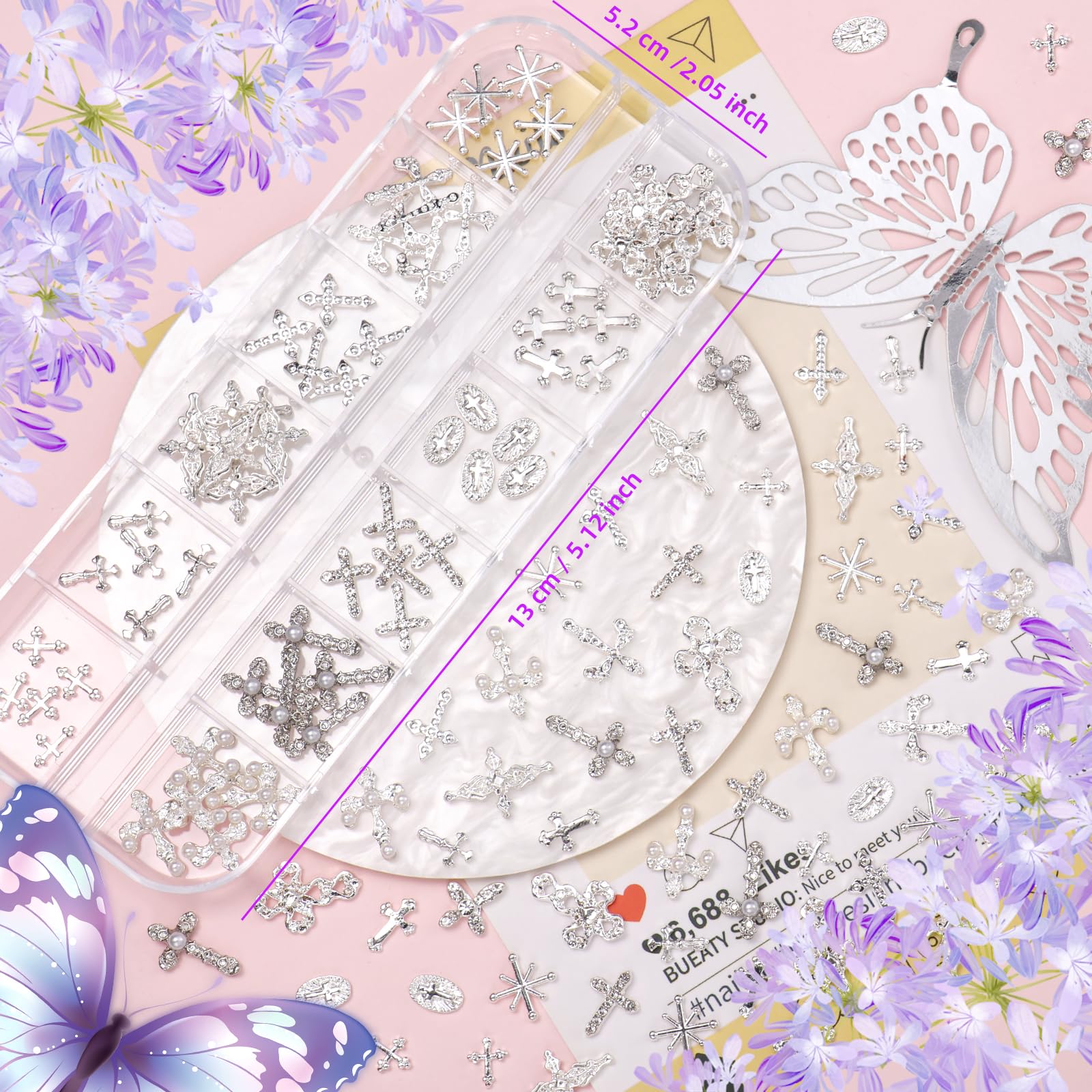 Tatiwoo 3D cross nail charms made of metal alloy with sparkling rhinestones.